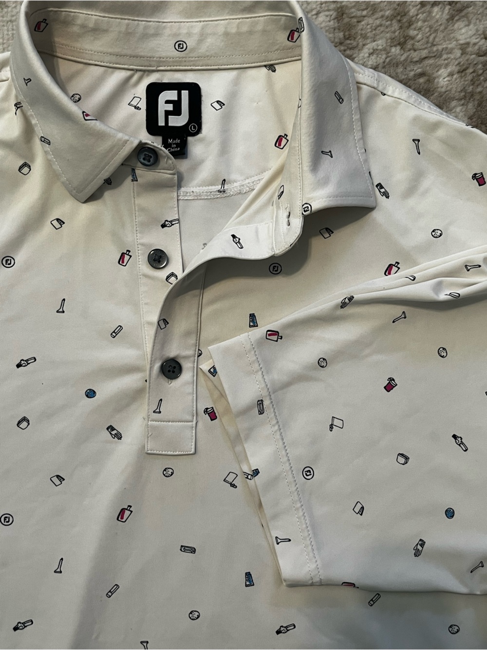 FootJoy Mens Large Off White Golf Essentials Micro Print Lisle Polo Shirt FJ L